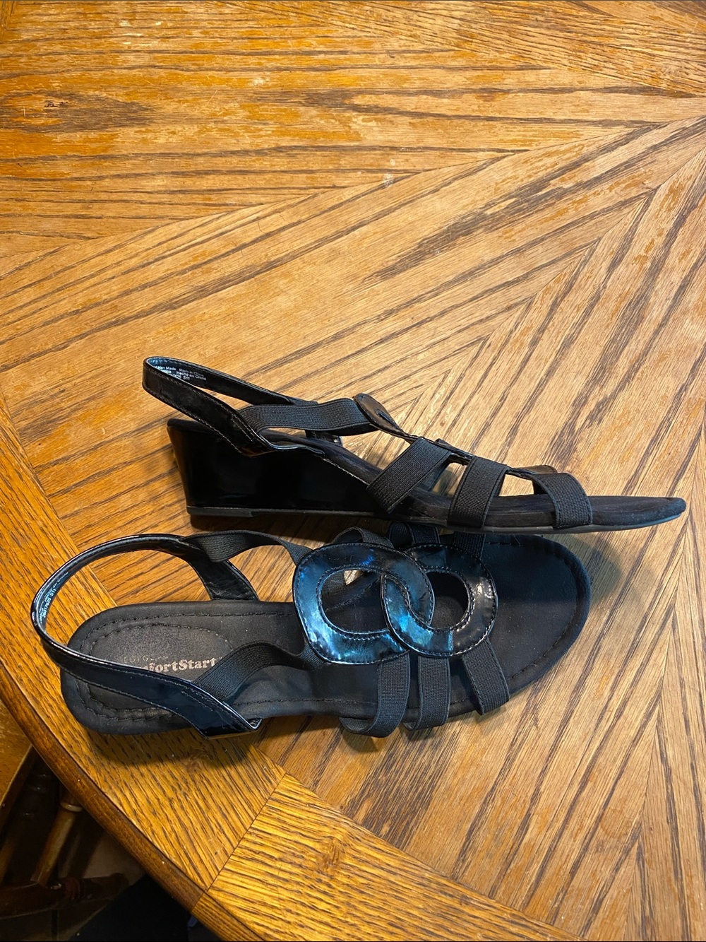 Cole Haan Black Strappy Slingback Wedge Sandals with Circular Accent
